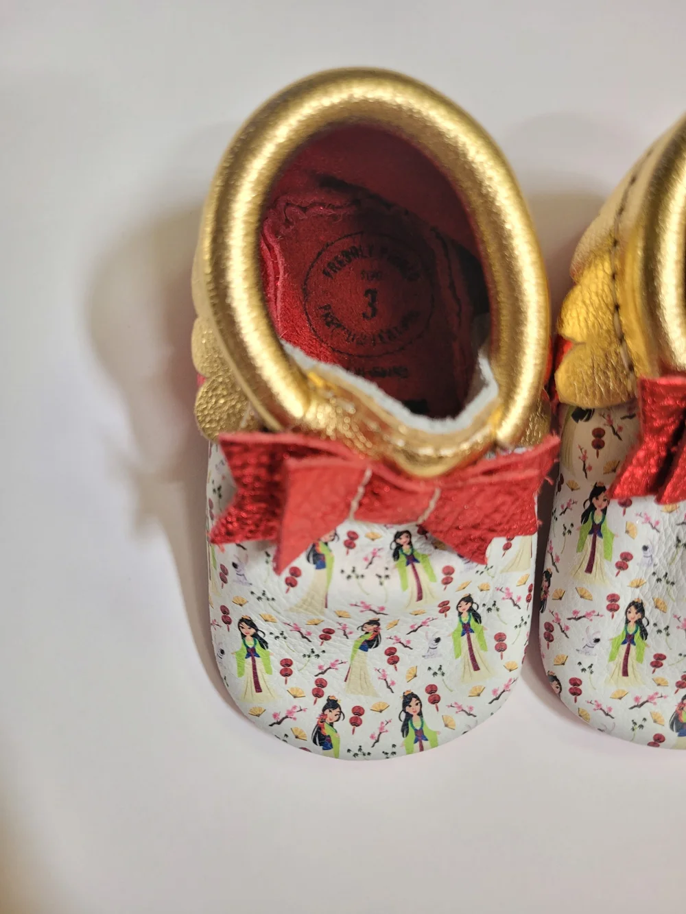 Freshly Picked Disney Baby Red MULAN Bow Moccasin Sz 3 Infant Shoes